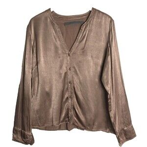 Raquel Allegra Satin Button Up Top Handmade Womens Medium 2 Copper Metallic
